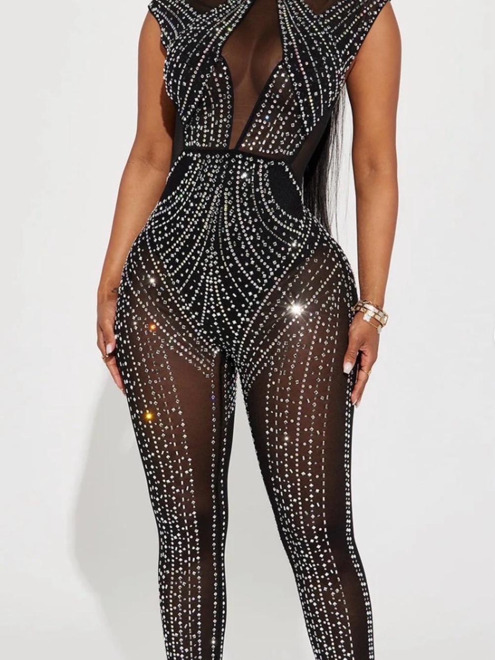 Fashion Nova Black Rhinestone Mesh Jumpsuit New